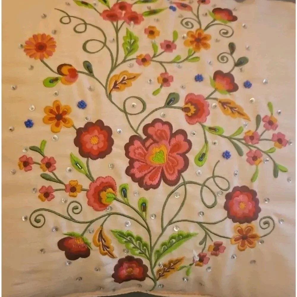 I T R Pillow 14X17 Embroidered and Embellished Flowers Pink Background